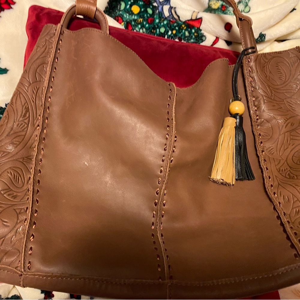 The Sak Tan Leather Shoulder Bag with Tassel